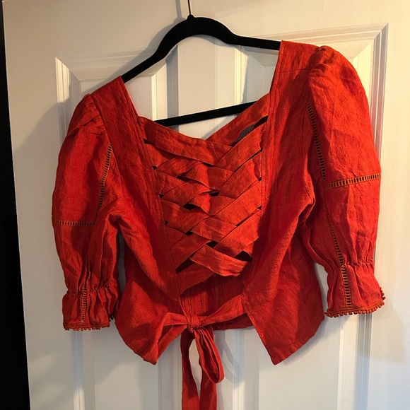 rust colored linen lace up top - Picture 2 of 4